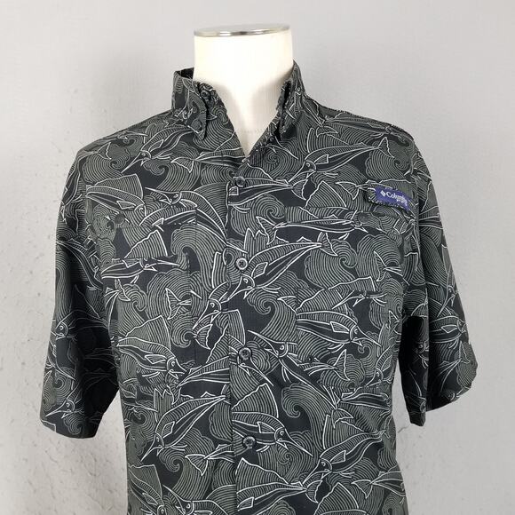 Columbia PFG Super Tamiami Shirt Mens Small Black Fish Print Omni-Shade Fishing - Picture 2 of 14